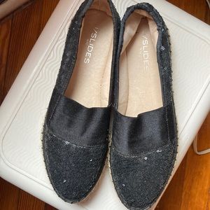 J. Slides black sequin espadrille flats with elastic front. Size 8